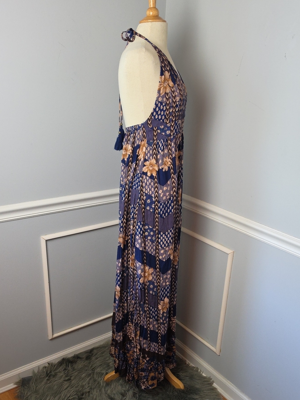 O'NEILL Blue Brown Floral Halter Open Back Side Slits Maxi Boho Summer Dress M - Picture 4 of 8